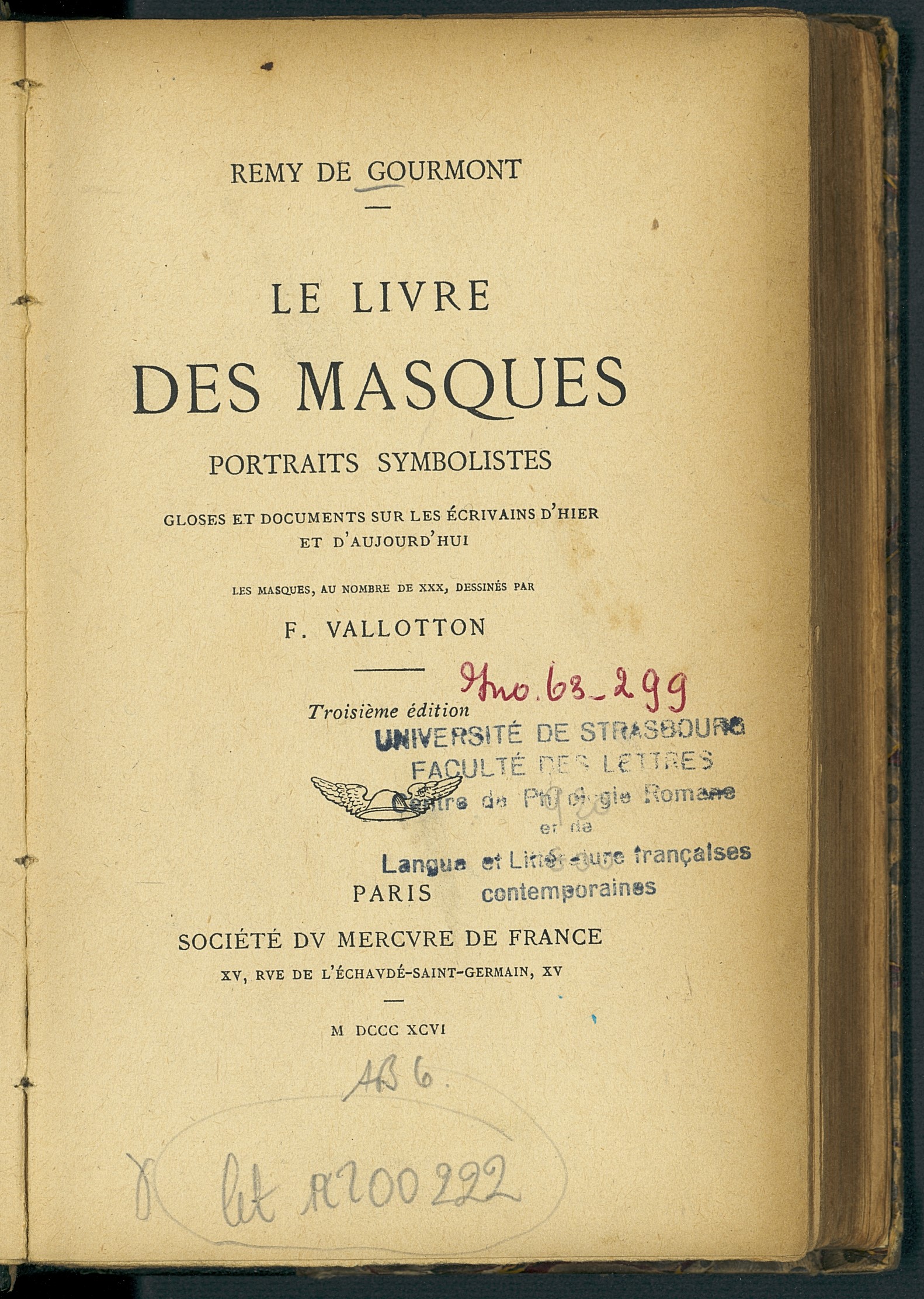LE LIVRE DES Masques. Portraits symbolistes. Remy de Gourmont. 1923